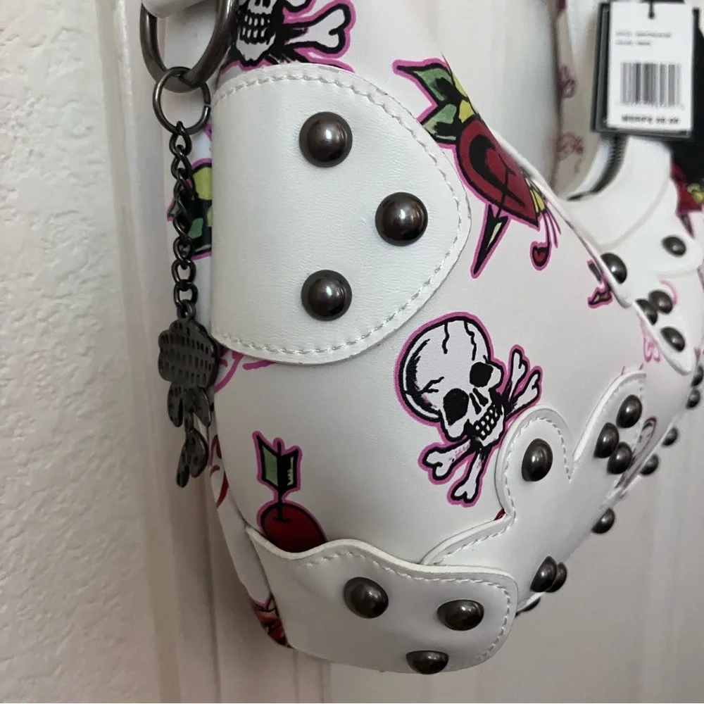 ED HARDY Studded White Vegan Leather Tattoo Crescent Bag NEW NWT